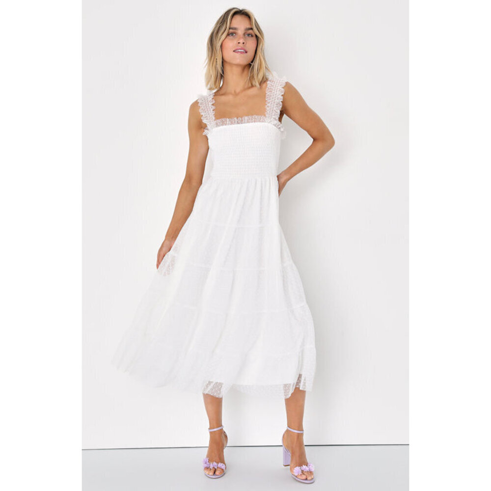 Lulus Darling Dancer White Swiss Dot Ruffled Tiered Midi Dress - Size L